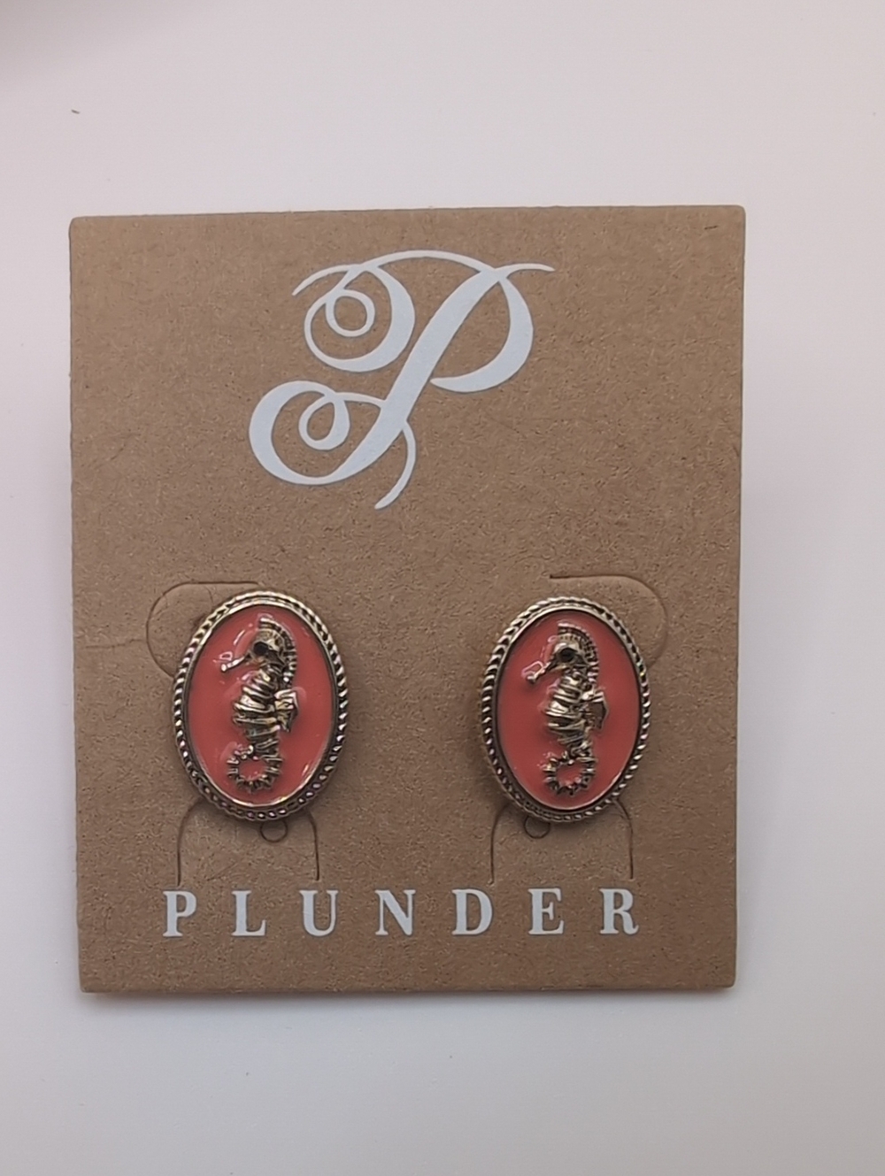 Plunder Gold Seahorse Oval Coral Enamel Stud Earrings New In Box - Picture 2 of 5